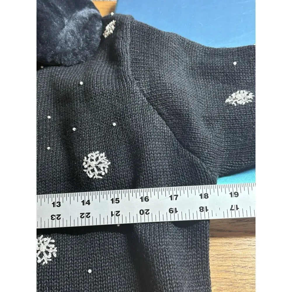 Victoria Jones Sweater Womens Size P/M Black‎ Wool Fur Collar Christmas Cardigan